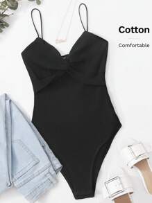 SHEIN EZwear Twist Front Rib-knit Slip Bodysuit - Black - View 6