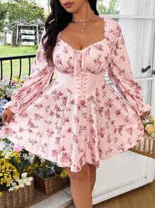 Sunnyshic Women Sweetheart Collar Front Tie Waist Floral Dress, Long Sleeve - Pink - View 4