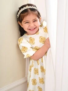 SHEIN Baby Girls' Elegant Cute Faux Gold Metallic Ribbon Decor Waist Ruffle Hem Short Sleeve Dress - White - View 6