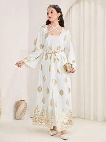 SHEIN 少女编织金色印花吊带连衣裙套装，带花卉图案服装，传统服装，白色和金色两件套 - 白色 - 查看 7