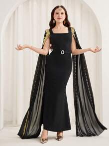 SHEIN 少女黑色方领斗篷袖美人鱼礼服，传统、奢华、优雅、复古 - 黑色 - 查看 5