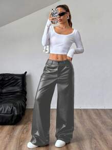 Flirla 女士宽松口袋 PU 皮革直筒裤