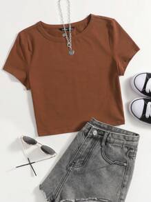 SHEIN EZwear Marled Knit Solid Tee - Coffee Brown - View 6