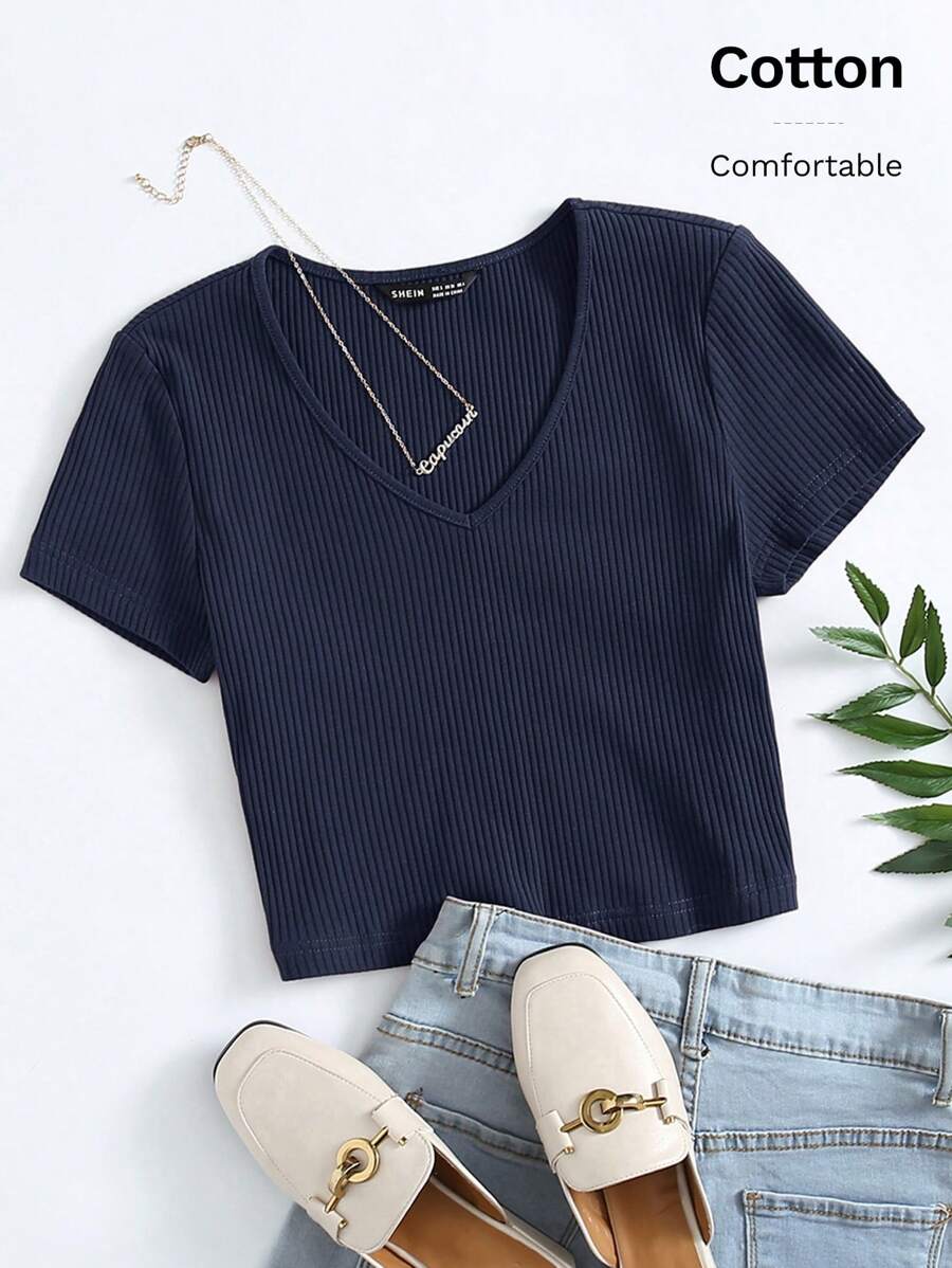 SHEIN EZwear 女士纯色 V 领短袖休闲上衣，简约日常穿着 - 藏蓝色 - 查看 1