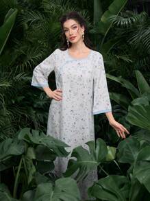 Al Najma Gaun Panjang Maxi Gaya Arab Elegan Motif Bunga Kecil untuk Wanita - Baby Blue - View 5
