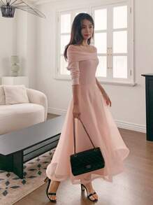 DAZY Women Off Shoulder Elegant Mid-Length Flared Dress Elegant - Pink - View 7