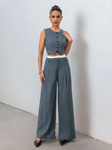 Chiquease Women Solid Front Button Sleeveless Top And Pants Suit, Simple