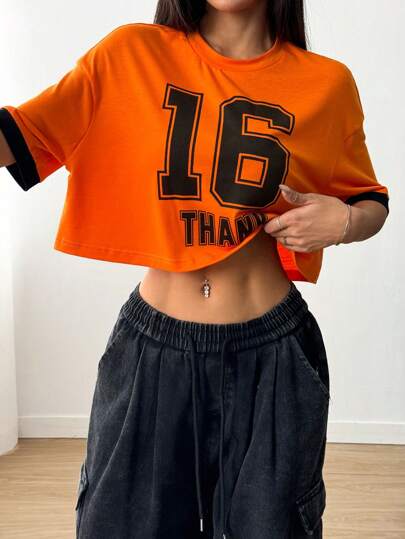 SHEIN EZwear Camiseta casual corta de mujer con mangas caídas y número impreso