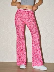 SHEIN EZwear 女士蝴蝶结点缀心形印花喇叭裤 - 粉色 - 查看 2