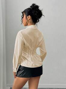 Chiquease 收腰褶皱女式长袖时尚衬衫 - 卡其色 - 查看 2