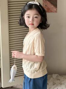 DAZY Young Girl Solid Color Short Sleeve Single-Breasted Casual Hollow Out Cardigan,Girls Summer Outfits - Apricot - View 7