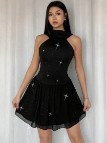Chiquease Patchwork Chiffon Sequin Bodycon Mini Dress - Black - View 6