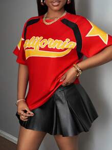 Slaydiva Casual Street Minimalist All-Match Versatile Sports College Style Letter & Number Color Block Pattern Round Neck Short Sleeve Loose Cropped Women T-Shirt, Summer - Multicolor - View 2