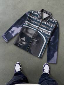 Manfinity EMRG 男士字母和图案印花长袖前拉链夹克，男朋友礼物 - 彩色 - 查看 1