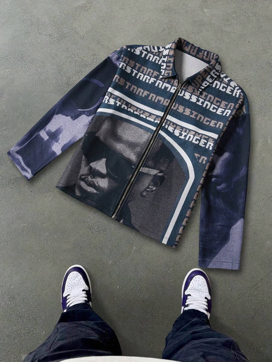 Manfinity EMRG 男士字母和图案印花长袖前拉链夹克，男朋友礼物 - 彩色 - 查看 1