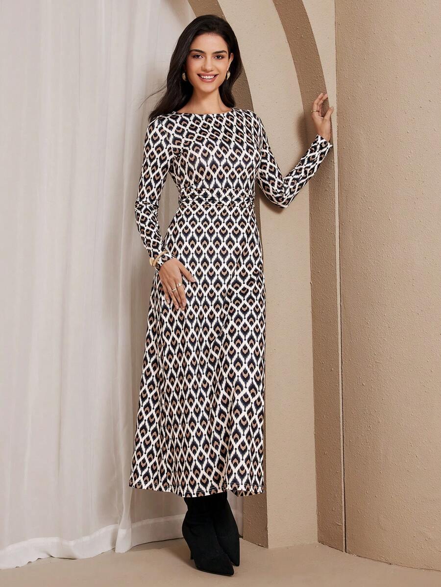 Chiquease Elegant Women Geometric Print Round Neck Long Sleeve Knitted Sweater Dress Maxi Women Outfit