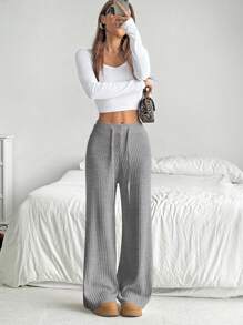 SHEIN EZwear 大码女式黑色毛衣，休闲纯色抽绳腰宽松阔腿针织裤，黑色，女士冬装