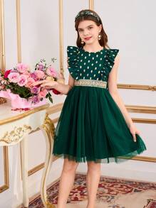 Tween Girls Elegant Ruffle Hem Foil Printed Mesh Party Dress For Spring/Summer - Dark Green - View 1