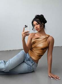 Aloruh Women's Stylish Sexy Gradient Print Mesh Ruched Tie-Front Crop Top, Y2K Clothing Cold-Shoulder Sleeveless Blouse