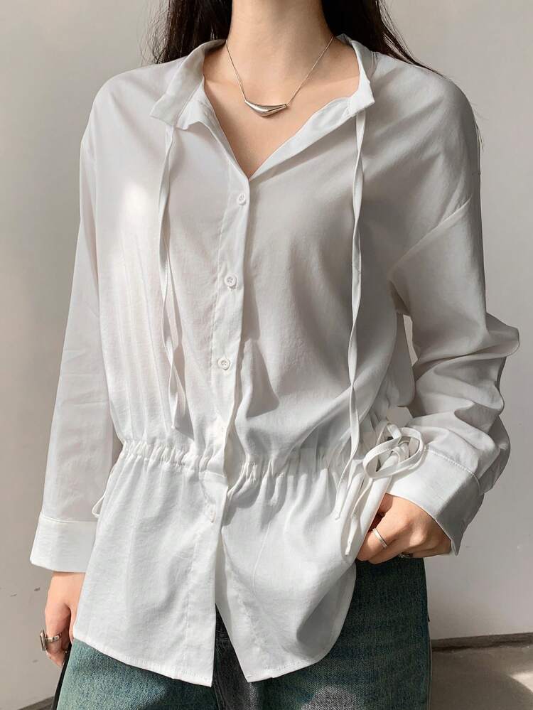 Loose Simple Design Drawstring Tie Long Sleeve Women Shirt,Fall Women Clothes