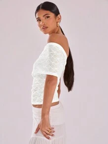 MUSERA Textured Mesh Detail Neckline Top Casual Vacation Holiday Vacation Festival Night Out Going Out Club Winter ,Elegant - White - View 5