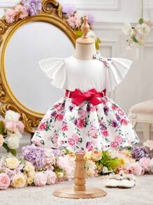 SHEIN Babygirl 夏季可爱缎面花卉印花上衣和迷你裙套装 - 白色 - 查看 3