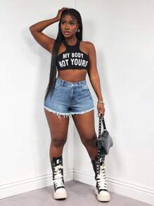 SHEIN Slayr Shorts vaqueros casuales de mujer con bolsillos delanteros y bordes deshilachados - Azul - Ver 5