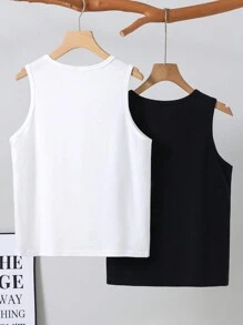 SHEIN 2pcs/Set Tween Boy Casual Comfortable Solid Color Knitted Top, School, Campus, College - Black and White - View 2