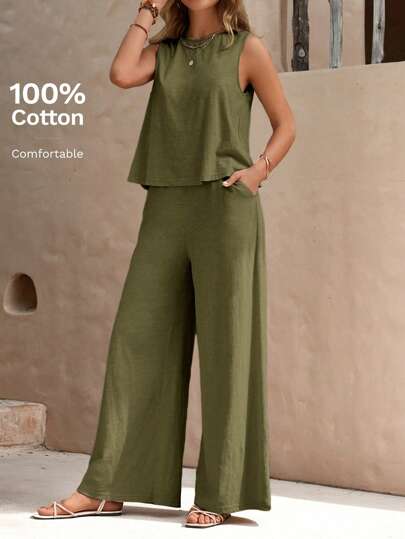 EMERY ROSE Women Summer Solid Color Round Neck Vest And Elastic Waist Wide Leg Pants Casual Two Pieces Set With Pockets