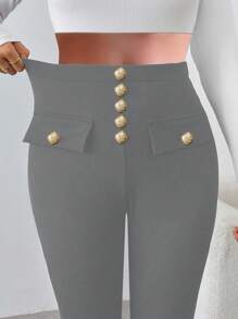 Chiquease Pantalones casuales sencillos y ajustados de unicolor con bolsillo y botones frontales para mujer