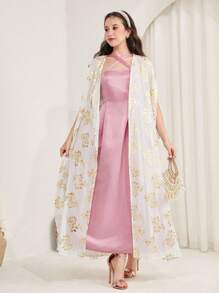 SHEIN Teen Girls Wedding Satin, Vintage, Boho/Luxury, Elegant, Gold White, Hot Stamp, Cover Up, Pink, Cute, Sweet, Dress, 2 Pieces Set