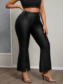 SHEIN PETITE CURVE 大码女式纯色高腰 PU 皮革开衩下摆时尚紧身裤 - 黑色 - 查看 5