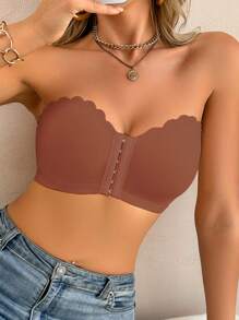 Women's Front Closure Ruffled Padded Bra With Detachable Cups - Coffee Brown - View 4