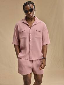 Forever 21 Men's Solid Color Textured Short Sleeve Shirt And Shorts Set For Spring And Summer , Basic , Going Out , Plain , Husband