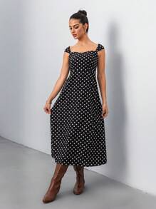 Calvaya Vestido casual minimalista de mujer con estampado de lunares blancos y negros, para primavera/verano