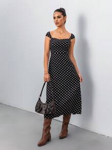 Calvaya Vestido casual minimalista de mujer con estampado de lunares blancos y negros, para primavera/verano