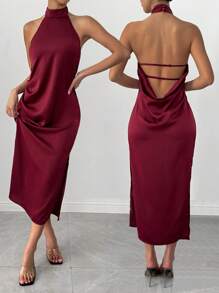 Chiquease Women's Solid Color Backless Draped Neck Elegant Maxi Dress - Burgundy - View 1
