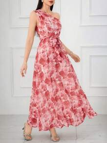 Modelyn Women's Asymmetrical Shoulder Sleeveless Floral Print Bodycon Long Dress, Elegant