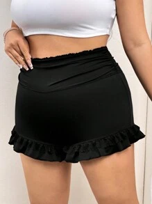 SHEIN ICON Plus Size Black High Waist Ruffle Trim Shorts For Summer