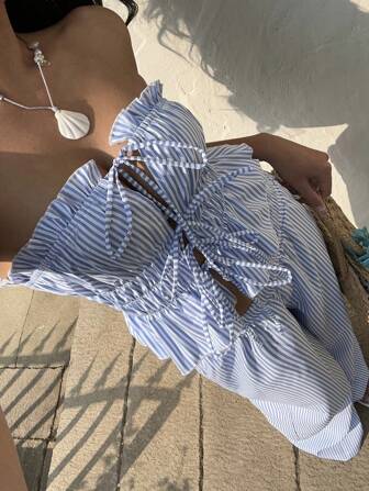 Sunnyshic 2 件套女士套装前系带条纹褶饰抹胸上衣和长裤