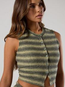 MUSERA Stripped Sleeveless Button Through Top Vacation Green Stripe Crop Holiday Airport Festival Fall Back To School Autumn  Fall Winter ,Elegant - Multicolor - View 5