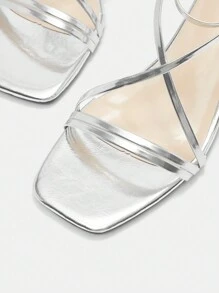 CUCCOO CURVES Wide Fit Women Minimalist Nude-Strap Square Toe Outdoor High Heel Sandals Spring Shoes Spring Break Easter - Metallic Silver - View 7