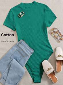 SHEIN EZwear Mock-neck Rib-knit Bodysuit - Green - View 6