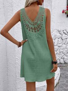 Breezaya Vestido de mujer con diseño calado sin mangas para vacaciones y playa