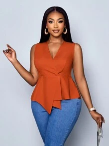 Maweii Spring And Summer Women's Shirts, Business Casual, Work Shirts, Embroidered Brown Shirts, Draped Cutting And Shaping Ruffle Tops - Orange - View 3