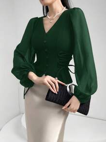 Heiryn Women's Elegant Emerald Green Blouse With Sheer Puff Lantern Sleeves And Lace-Up Detail - Dark Green - View 1