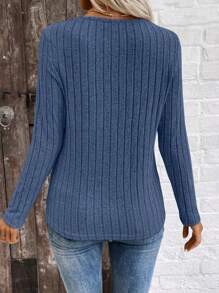 EMERY ROSE LUNE Cross-Border E-Commerce New V-Neck Brushed Ribbed Knit Women Tops, Autumn/Winter Fall Cloth For Women - Navy Blue - View 2