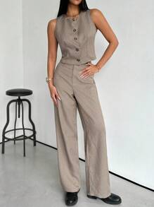 Aloruh 2 件套早春优雅杏色百搭商务通勤西装背心和直腿裤