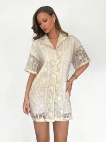 SHEIN Essnce 女士休闲通勤 3D 花卉前扣迷你连衣裙 - 白色 - 查看 2