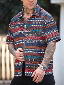 Manfinity Homme 男士短袖数码几何图案单排扣休闲衬衫 - 彩色 - 查看 7